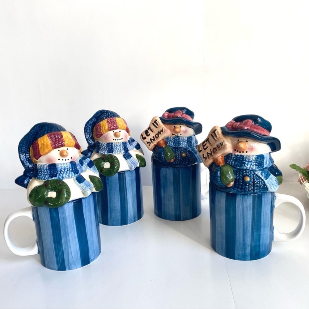 SNOWMAN Blue Stripe Coffee/Hot Chocolate Ceramic Mugs with Toppers Set of 4